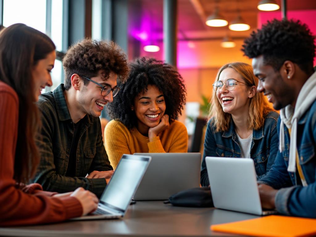 Estudiantes alegres aprendiendo inglés juntos con laptops en un espacio de estudio moderno